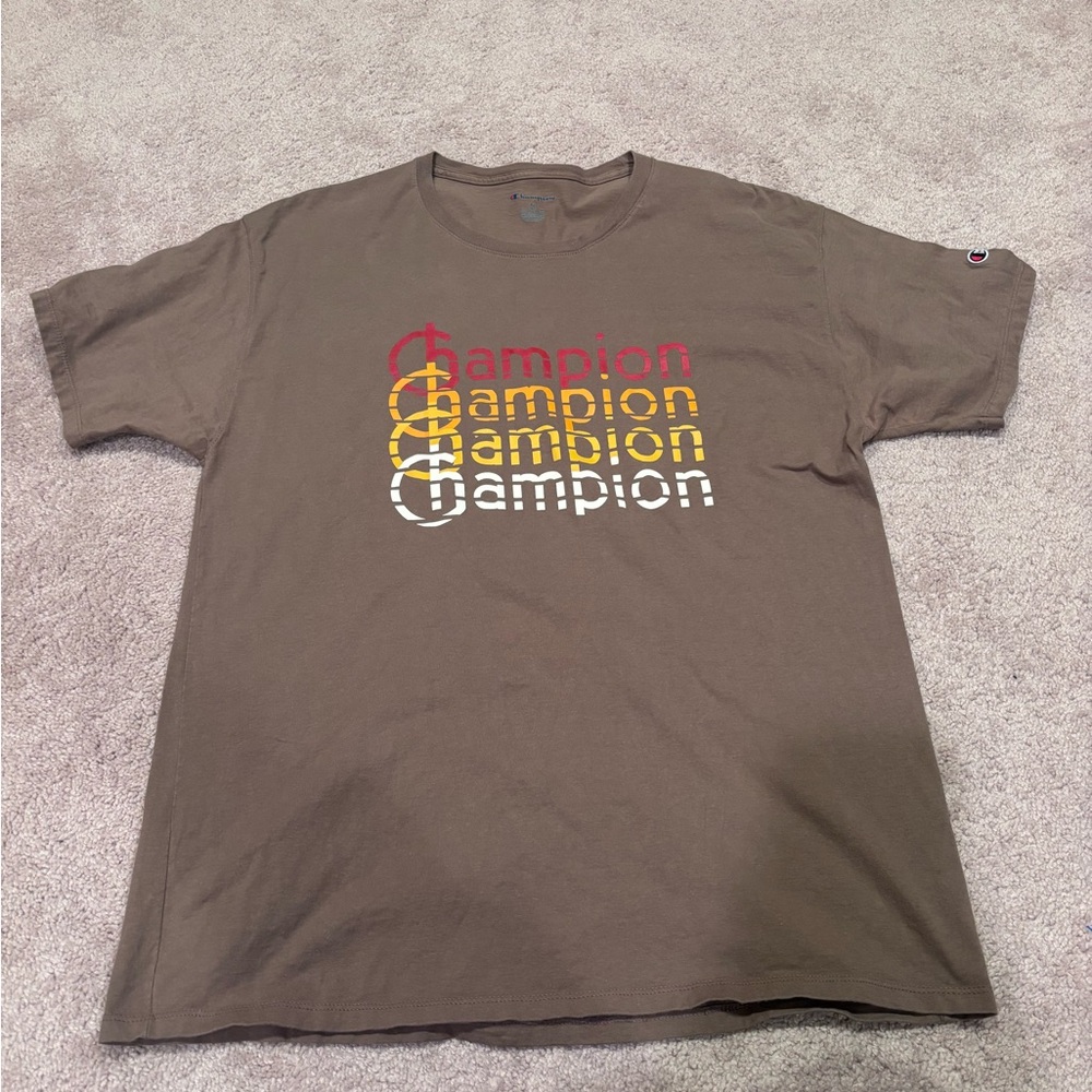 Champion Brown Short-Sleeve Tee with Multicolor Stacked Logo
